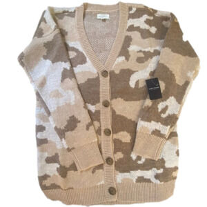 Lucky Brand Size Large New Tunic Sweater Cardigan Wool Blend Camo‎ Tan Neutral